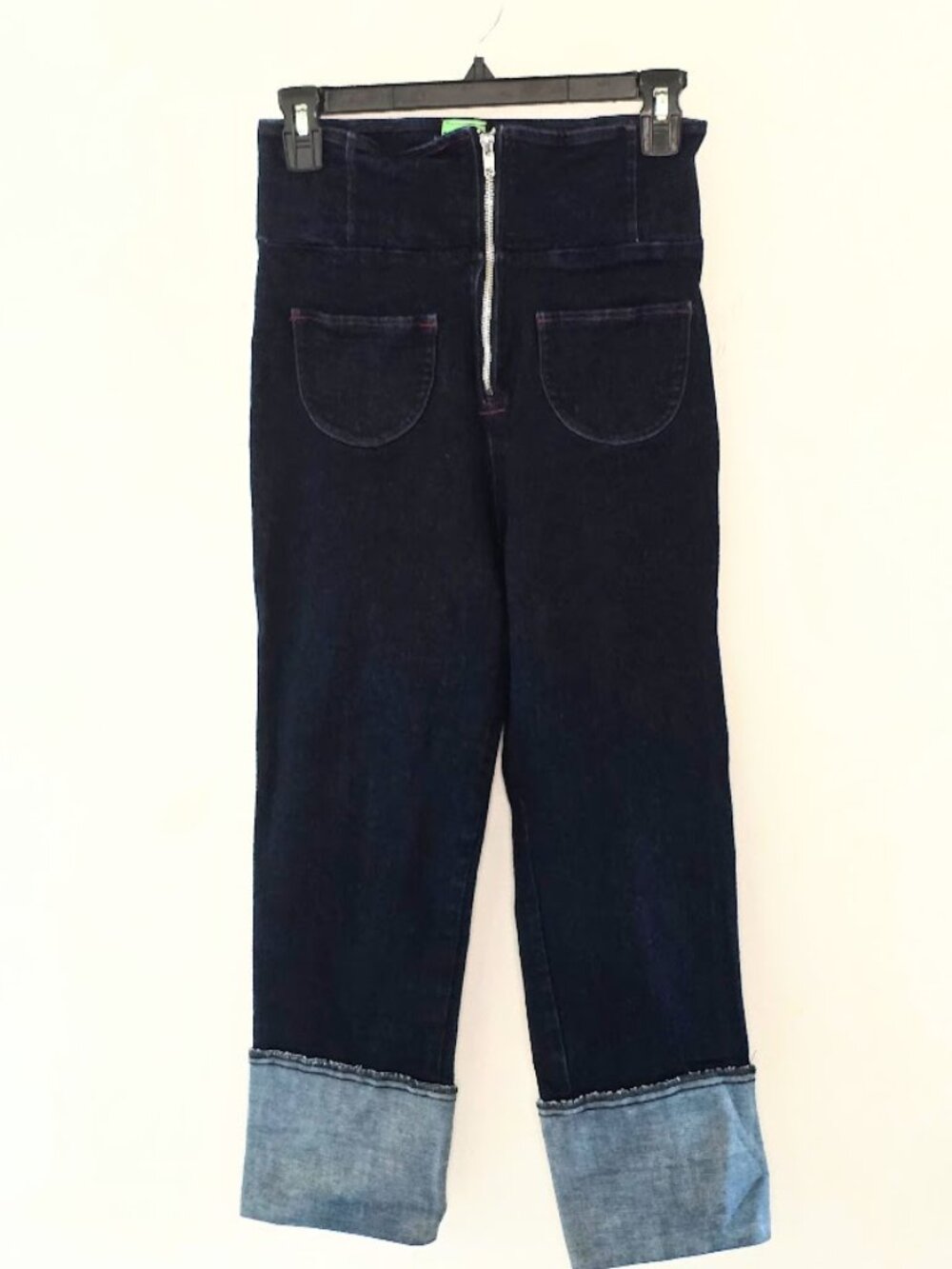 Pinky Pinups Rockabilly High Waisted Cuffed Jeans - Exposed Zipper Dark Wash L